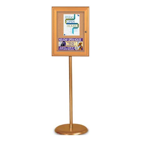 Indoor Enclosed Bulletin Board Floorstand 18 x 24 | Single Locking Door, Gold