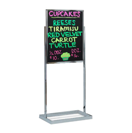 22 x 28 Wet Erase Black Marker Board Pedestal Sign Holder with Open Face Board, Double Sided, Silver Chrome Aluminum