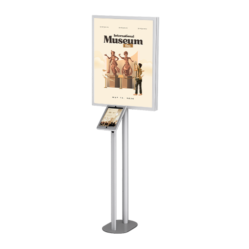 Swival and Tilt Apple® iPAD Combo Floor Stands + Adjustable Top Loading Slide-in Frame Stand for 24x36 Posters