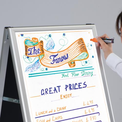 WRITE YOUR PROMOTIONS OR DRAW THEM OUT on the WHITEBOARD A-FRAME!