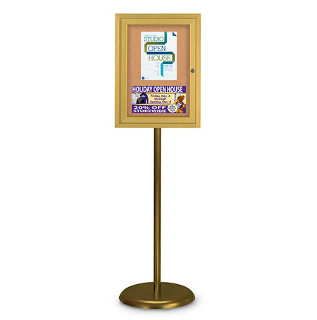 Indoor Enclosed Bulletin Board Floorstand 18 x 24 | Single Locking Door, Gold