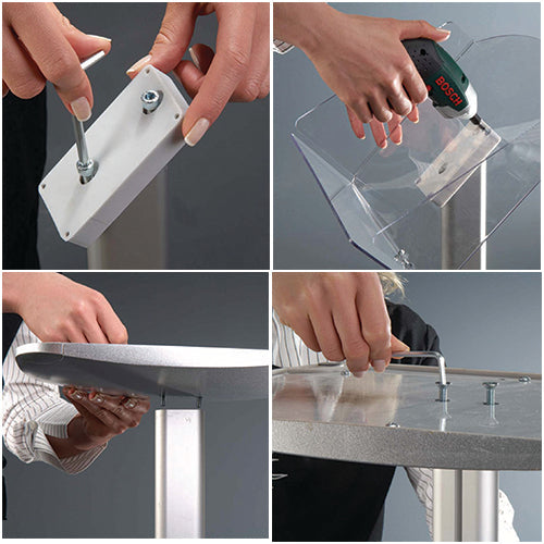 Easy assembly. Simply screw in your clear brochure holder by the sides and back, then place the steel base onto floor stand post (see instructions for full details)