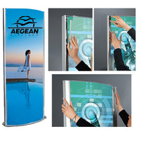 Convex double sided 27 by 77 illuminated poster display is easy to install with the SNAP OPEN side rails and the easy to slide in clips. Secure your poster from moving and from minor scratches with the magnetic protective overlay