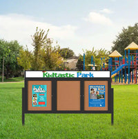 Outdoor Enclosed 84x30 Cork Bulletin Boards w Personalized HEADER (Radius Edge & Leg Posts) 3 DOORS