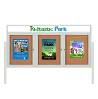 Outdoor Enclosed 84x30 Cork Bulletin Boards w Personalized HEADER (Radius Edge & Leg Posts) 3 DOORS
