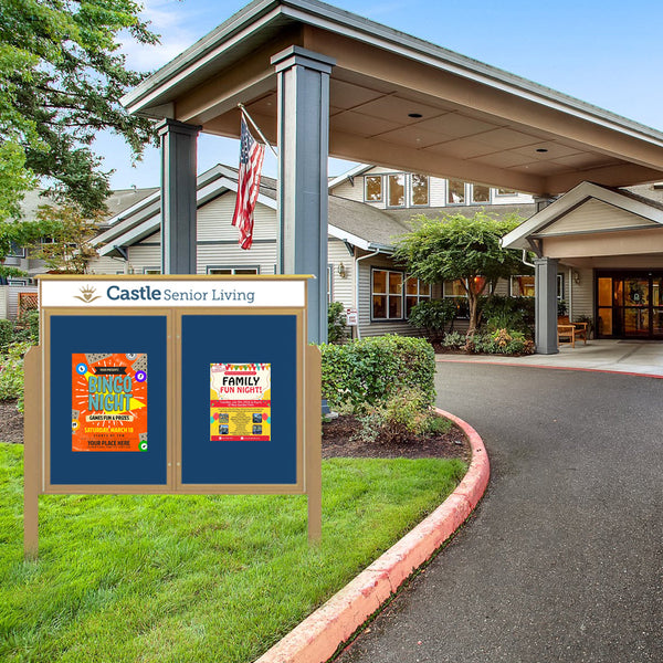 40" x 50" Outdoor Message Center with Post,  Enclosed Cork Bulletin Board Cabinet with Your Message Header +  2-Door Information Board