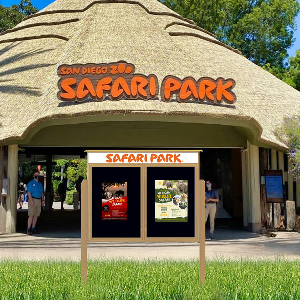 Eco-Design 48" x 48" Outdoor Message Center Enclosed Cork Board with Header and Posts | Two Door Faux Wood Information Board