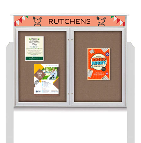 60" x 36" Outdoor Message Center Enclosed Cork Board with Header and Posts | Two Door Information Board