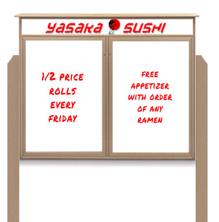 48" x 36" Standing Outdoor Message Center - Double Door Magnetic White Dry Erase Board with Header