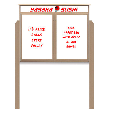 48" x 36" Standing Outdoor Message Center - Double Door Magnetic White Dry Erase Board with Header