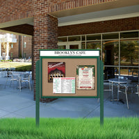 24" x 24" Outdoor Message Center Cork Board with Header | Free-Standing, Eco-Design, Faux Wood, Single Door Cabinet with Posts
