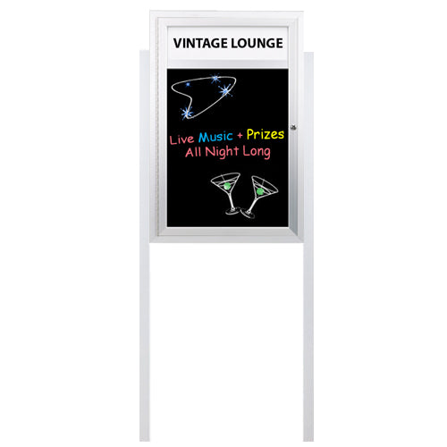 Free Standing Outdoor Dry Erase Marker Board SwingCases with Personalized Header | 2 Leg Posts | Black Board