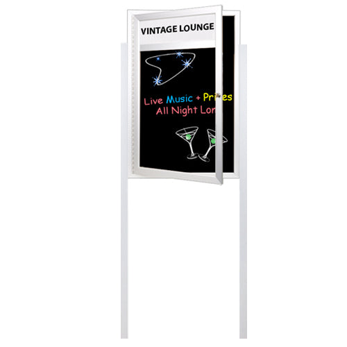 Free Standing Outdoor Dry Erase Marker Board SwingCases with Personalized Header | 2 Leg Posts | Black Board