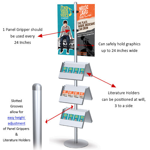 POSTO-STAND 8 Foot Floor Stand has slotted grooves to make easy height adjustments of the Panel Grippers and Literature Holders