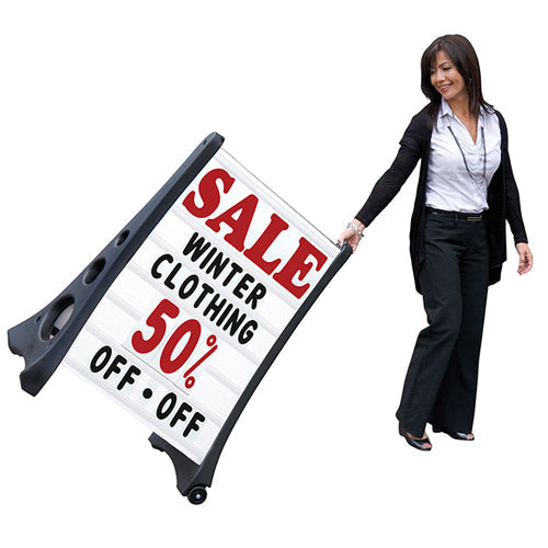 Rolling Swinger Deluxe Message Board Sidewalk Sign with Letter Tracks on White Panel Two-Sided