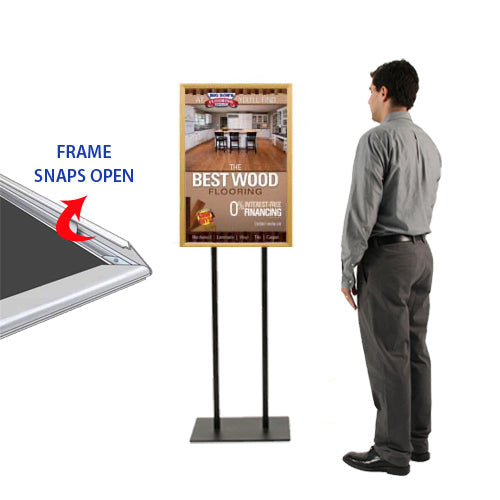 Double Pole Floor Stand 18x24 Sign Holder | Faux Wood Snap Frame with 1 1/4" Wide Frame Profile 3 Finishes Plus Single-Sided or Double-Sided