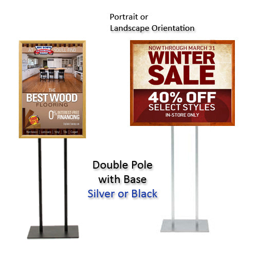 Double Pole Floor Stand 18x24 Sign Holder | Faux Wood Snap Frame with 1 1/4" Wide Frame Profile 3 Finishes Plus Single-Sided or Double-Sided