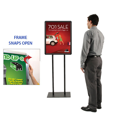 Double Pole Floor Stand 27x39 Sign Holder | Snap Frame (with Radius Corners)