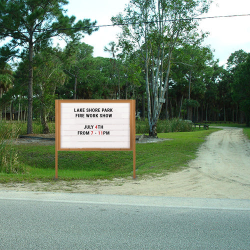 96x48 Message Sign Marquee + Posts swings open for easy changes. Ideal for Parks, Retail Stores, Houses of Worship, Community Centers + More