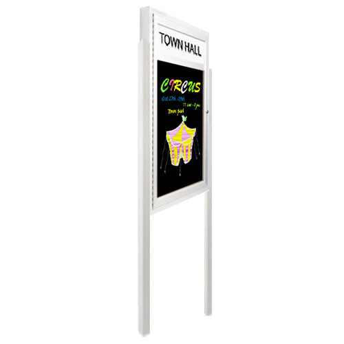 FreeStanding XL Outdoor Dry Erase Marker Board SwingCases with Header & LED Light (Magnetic Porcelain Steel Gloss Black Board )