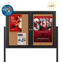 Freestanding 2 Door Enclosed Outdoor Bulletin Boards 96" x 36" with Lights + Posts