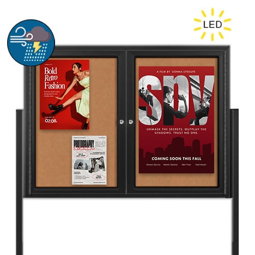Freestanding 2 Door Enclosed Outdoor Bulletin Boards 96" x 36" with Lights + Posts